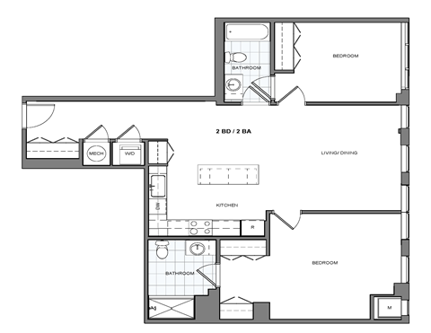 Floor plan for 2 beds, 2 baths, 1037 sqft